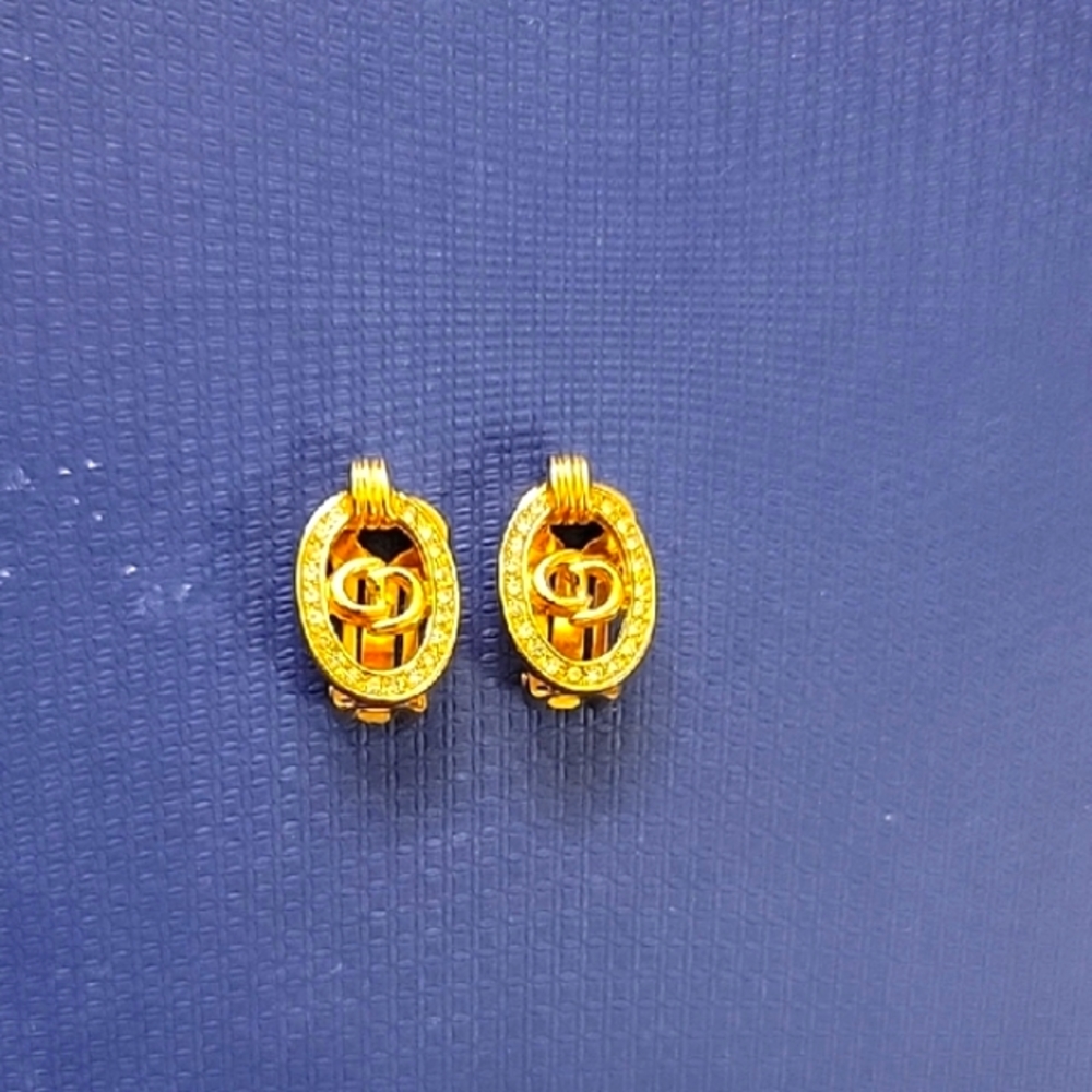 ⭐️DIOR Christian Dior Stamped Ornate Gold Clip-on Earrings with Crystals